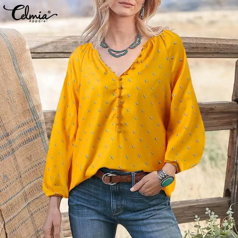 

Celmia 2022 Women Cute Shark Printed Blouses Fashion Long Puff Sleeve Shirts Spring Autumn Casual Loose V Neck Buttons Blusas