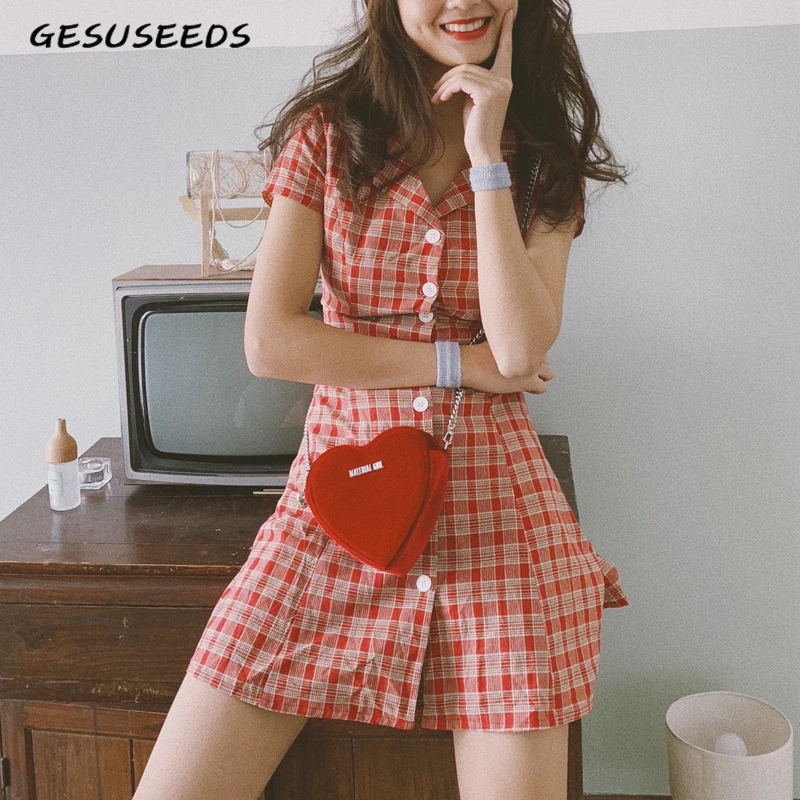 Милое мини платье в стиле ретро красное клетчатое женское элегантное женские