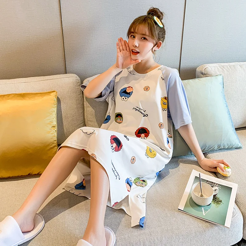 

Мультяшная ночная рубашка из чистого хлопка, женская летняя тонкая ночная рубашка 2021, можно носить на улице, милая пижама в японском стиле д...