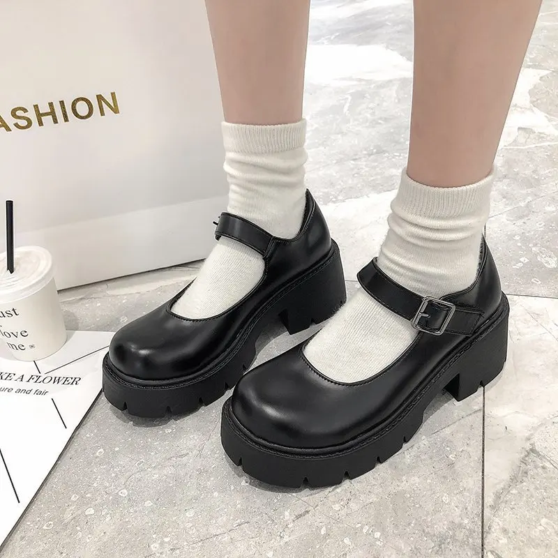 Women Pumps Marry Janes Girls Shoes Buckle High Chunky Heels Platform Punk Pumps Women Fashion Thick Bottom Leather Shoes