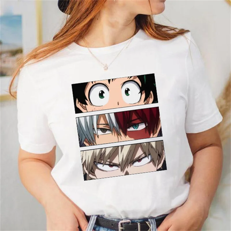 

Популярная японская футболка с милым аниме принтом моя геройская академия, Повседневная Свободная Женская белая одежда с коротким рукавом ...