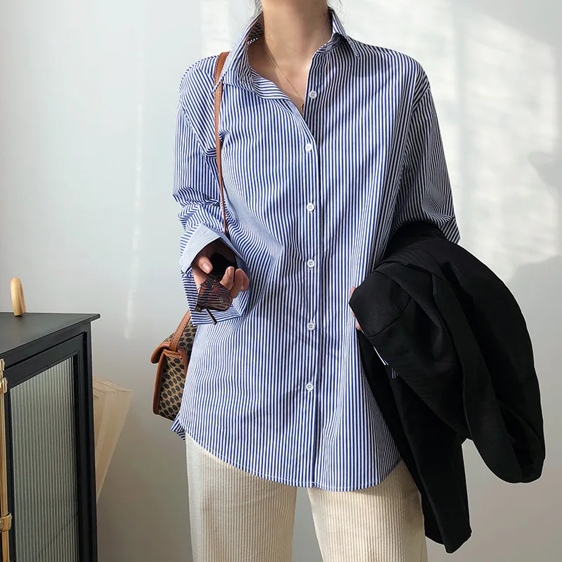 

Sherhure 2020 New Summer Cotton Chic Blue White Striped Women Tops And Blouses Shirt Blusas Roupa Feminina