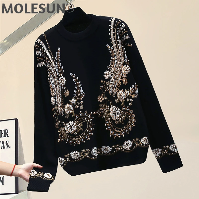 

Embroidery Beading Sequins Black Sweater Women Vintage Loose Knitted Pullover Modis Elegant Long Sleeve Tops