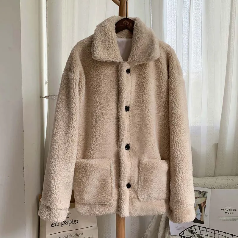 beige fur coat Зимняя утолщенная теплая плюшевая Меховая куртка, пальто для женщин, Повседневная мода, пальто из искусственного меха ягненка, пушистая уютная Свободная верхняя одежда для женщин - Цвет: beige fur coat