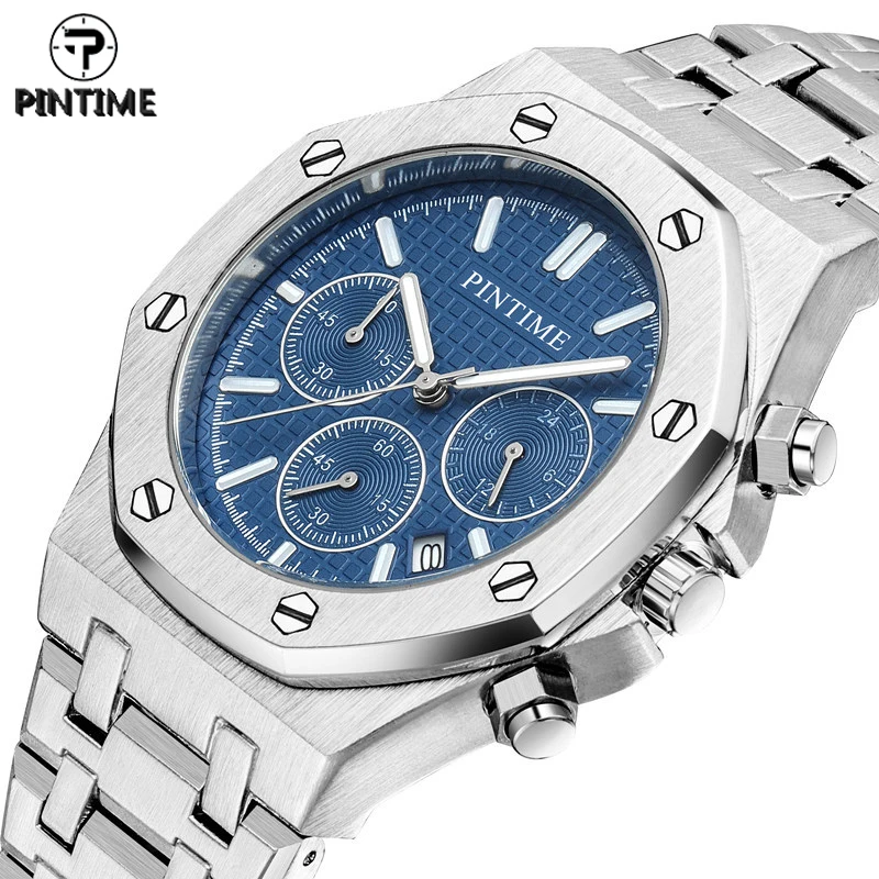 

Часы наручные PINTIME Мужские кварцевые, роскошные в стиле хип-хоп, серебристые синие Черные белые, с циферблатом