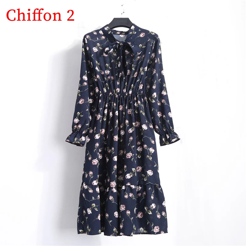 Chiffon 2 Вельветовое зимнее платье для женщин, новинка, винтажное платье миди с цветочным принтом и длинным рукавом, Женские Элегантные платья для вечеринок, женские платья - Цвет: Chiffon 2