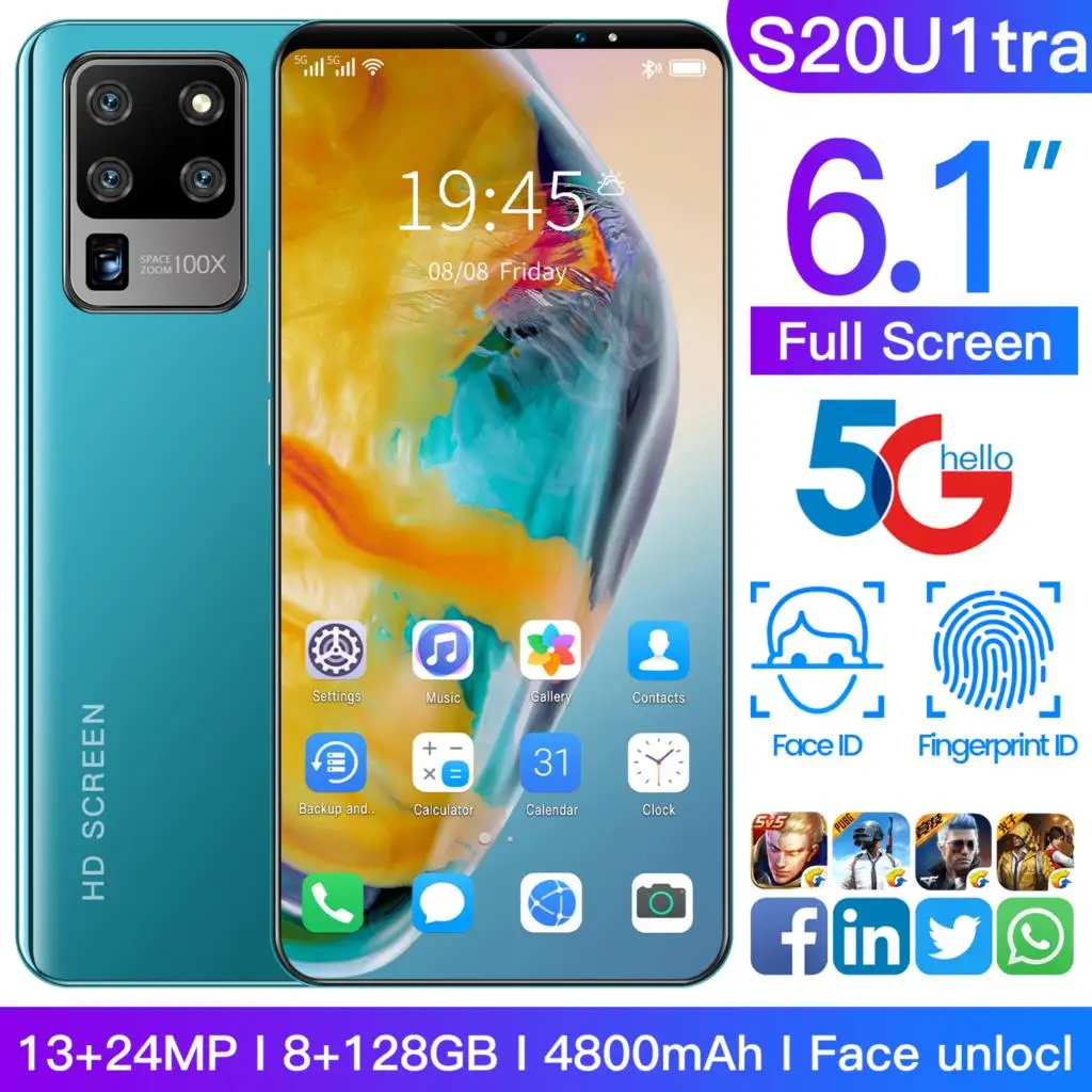 

2021 Hot Sale Cheap Phone S20U1tra 6.1Inch Full Screen Smartphone 8+128G 13+24MP 4800MAH Fingerprint Face ID 5G Android 10.1