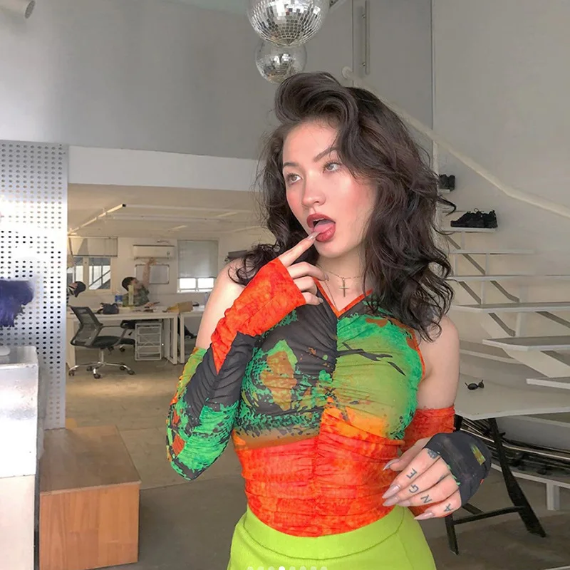 

Новинка весна-лето 2021 Женская модная сетчатая облегающая Сексуальная футболка с принтом