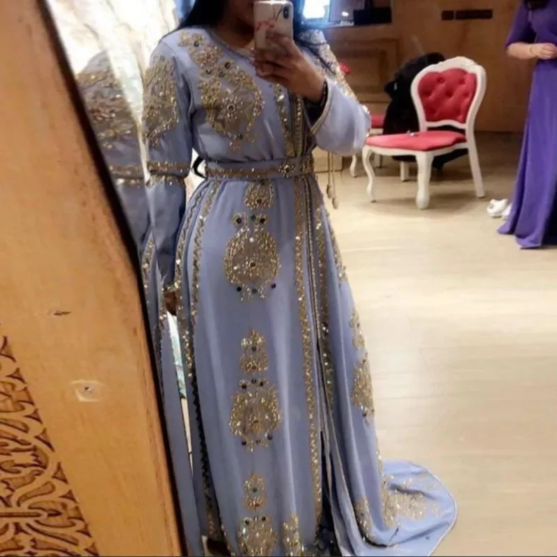 

Lavender Chiffon Beaded Evening Dresses Karakou Algerian Prom Gowns Shiny Sequin Appliques Lace Formal Party
