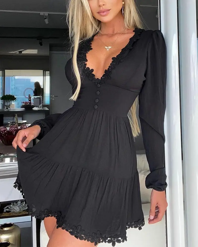 

2020 Fashion Women Autumn Elegant Casual Solid Long Sleeve Lace Skinny Waist Dress Lady Sexy Fall V Neck Mini Dress Party Dress