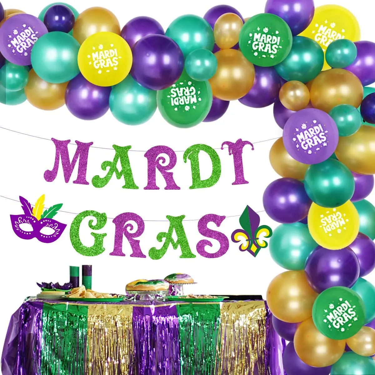 

Mardi Gras Party Decoration Balloon Garland Arch Kit Purple Green Glitter Banner Mask for Fat Tuesday New Orleans Party Supplies