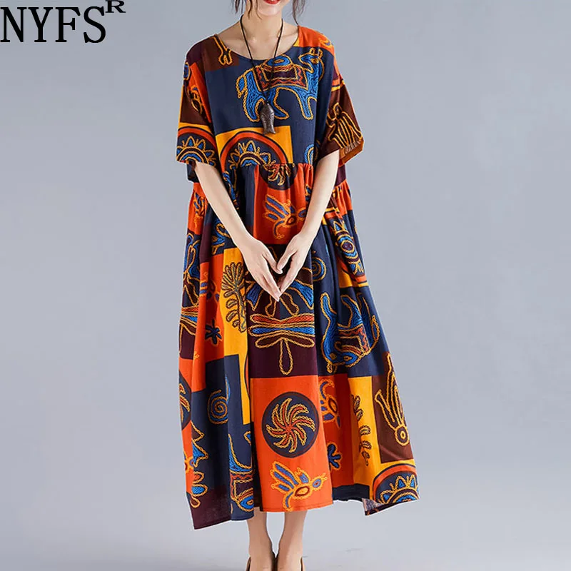

NYFS 2022 New Summer Dress Vintage Loose Cotton Linen Printing Long Dress Vestidos Elbise Woman Dress