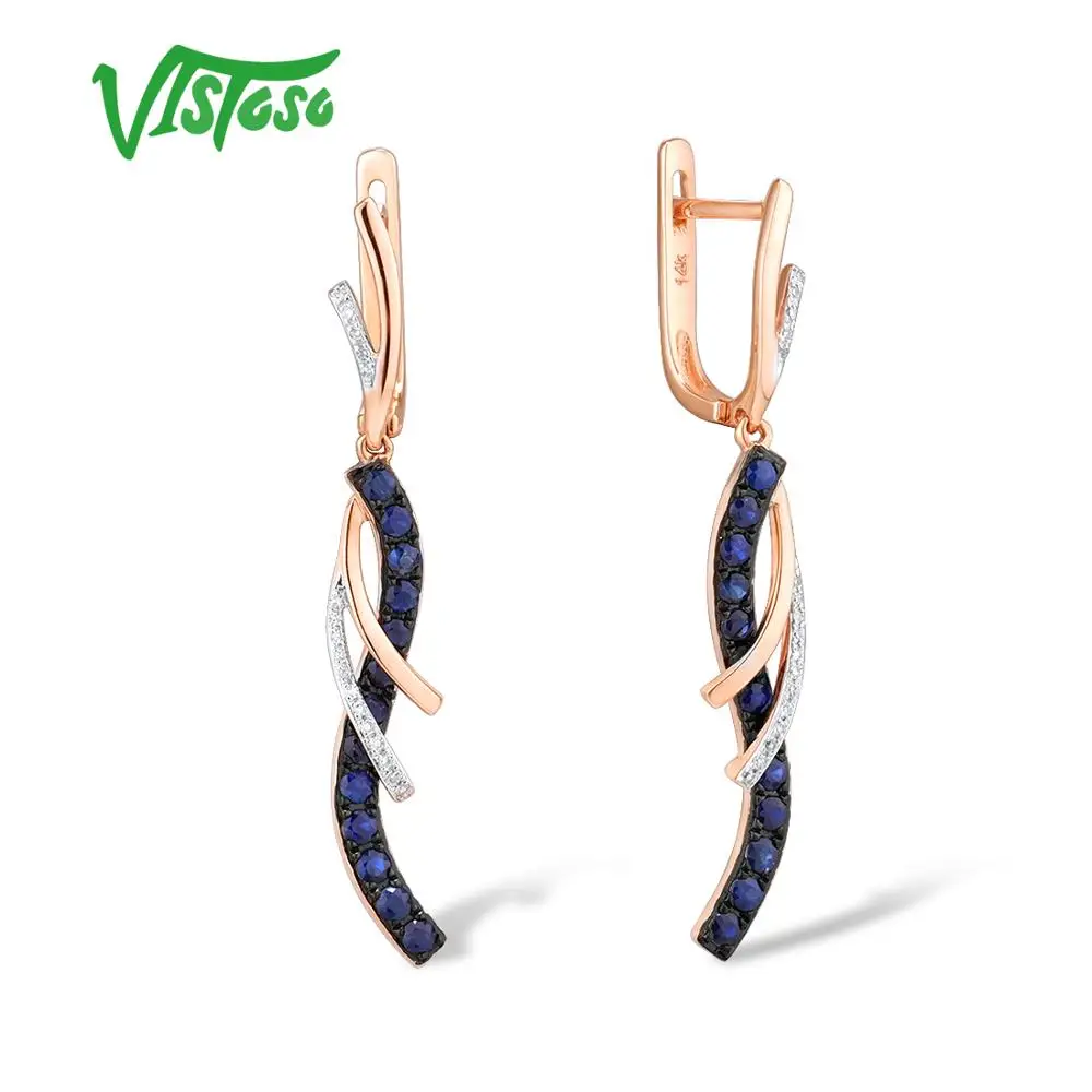 Серьги VISTOSO, золотые, для женщин, Аутентичные, 14 K, 585, розовое золото, сверкающие бриллианты, блестящие, синие, сапфировые серьги-висюльки, ювелирные украшения