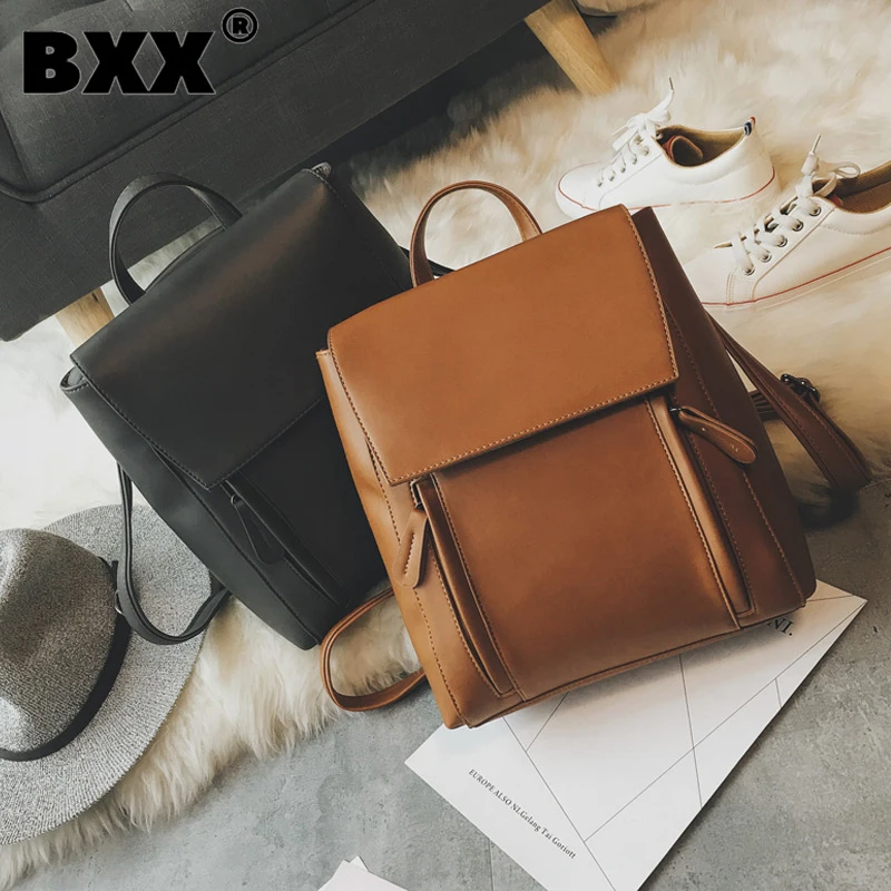 

[BXX] 2021 Women's New Solid Color Double Shoulder Button Large Capacity PU Leather Backpack All Match School Backapck LI698