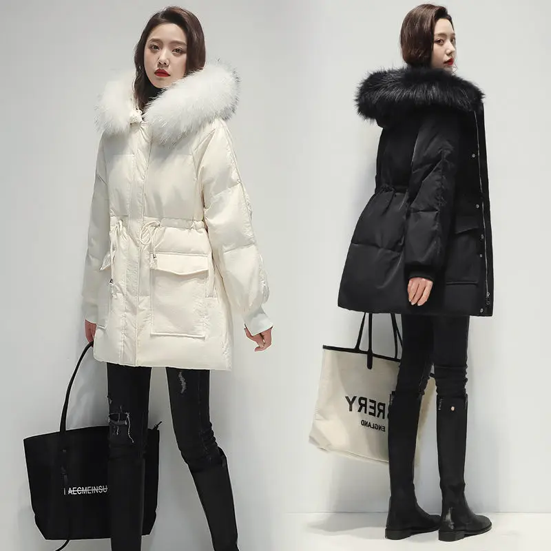 

2021 New Women Parkas Long Down Padded Jacket Female Hooded Fur Collar Winter Loose Korean Waist Thick Cotton-Padded Jacket