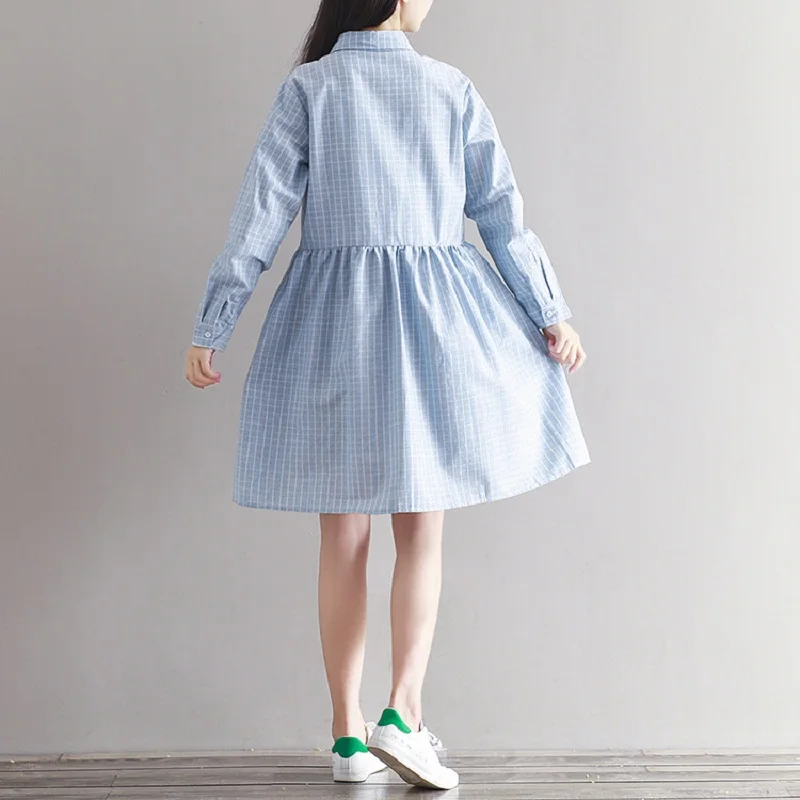 

2021 Mori Girl Spring Autumn Women Plaid Dress Turn Down Collar Full Sleeve Vestidos Cotton Linen Casual Retro Blue Dress