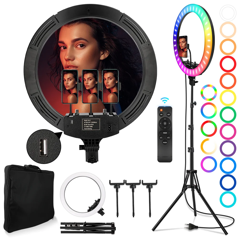 Lâmpada com Tripé Iluminação ao Vivo para o Telefone Luz de Preenchimento Polegada Anel 50w Fotografia Remoto 45cm Led Pode Ser Escurecido Selfie 18 Rgb Luz