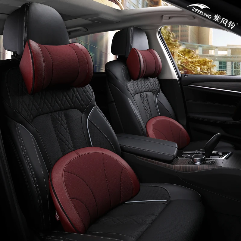 

Genuine Leather Car Neck Pillow Set Memory Foam Auto Headrest Lumbar Seat Supports Cushion Universal Back Pillows Accessories