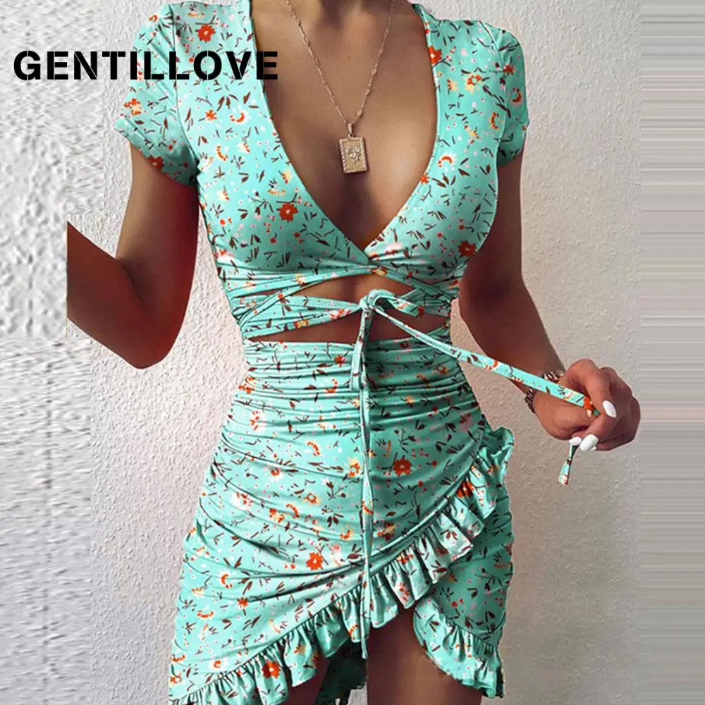 

Gentillove 2021 Женская летняя обувь с V-образным вырезом и короткими рукавами, вечерние Клубные пикантные Y2K Цветочный принт с рюшами; С оборками; С...