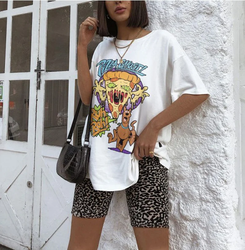 

White Cartoon Classic Letter Print Graphic Tees Women Fashion Tops Short Sleeve Casual High Street T Shirt Summer Plus Size 2021