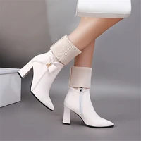 winter the new fashion pointed knitting elastic force wool boots white bow plus velvet keep warm high heel women boots 34 43