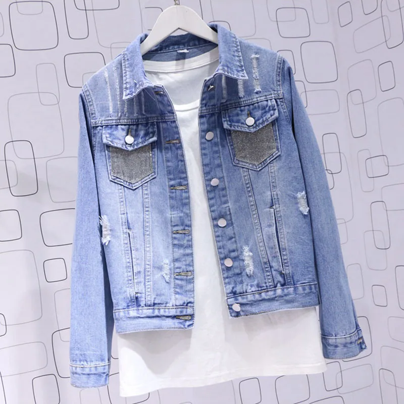

Handmade Hot-Diamond Washed Light blue Frayed Hole Denim Coats Women Plus size Harajuku Spring Casual Long sleeve Jeans jacket