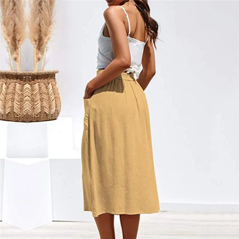 Женская Однотонная юбка миди LITTHING модная однобортная средней длины с высокой