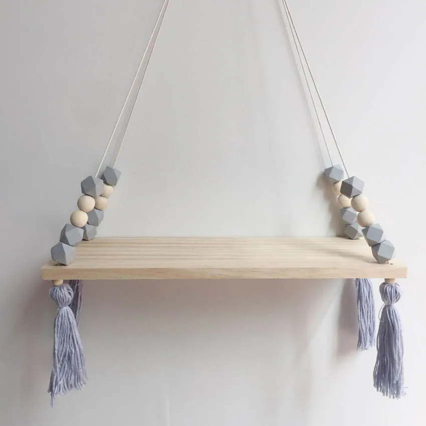 

Tassel Beads Bedroom Wall Hanging Shelf Pendant Wooden Board Storage Shelf Rack Photo Props Nursery Kids Rooms Decoration