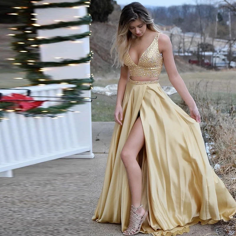 

Two Piece V-Neck Long Gold Prom Dress Sparkly Sequins High Slit Evening Dresses Special Occasion Dresses High Quality