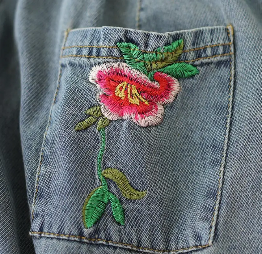 

Women New Vintage Elastic Waist Embroidery Ripped Jeans Lady Cotton Denim Harem pants Casual loose Nine pants p2304