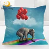 BlessLiving 3D Printed Cushion Cover Sky Blue Pillow Cover Elephant Riding Balloons Rising Pillow Case Rainbow Housse De Coussin 1