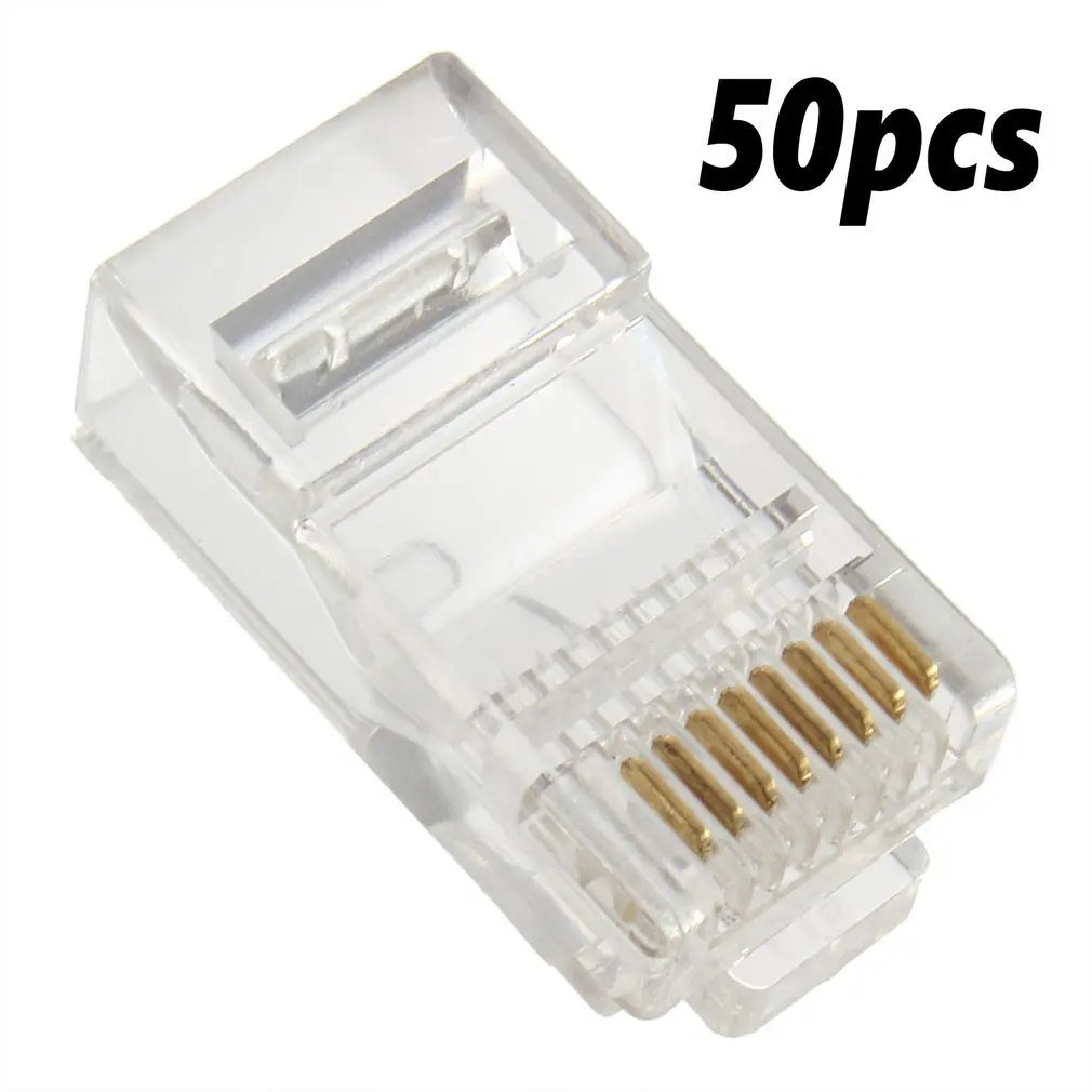 50PCS RJ45 Ethernet Cables Module Plug Network Connector RJ-45 Crystal Heads Cat5 Transparent  Cat5e Gold Plated Cable  Office