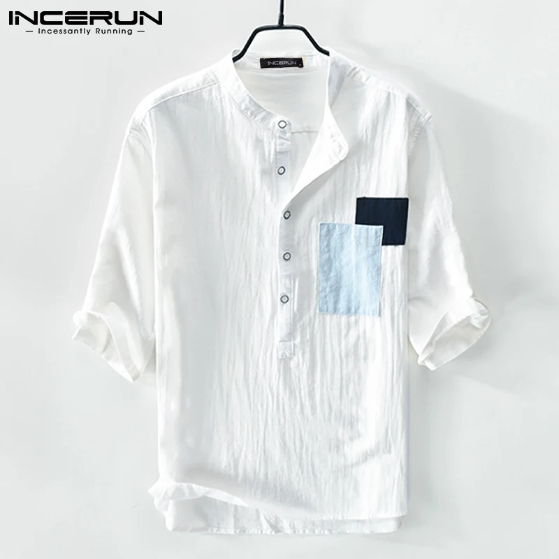 

Мужская хлопковая рубашка с воротником-стойкой и рукавом до локтя