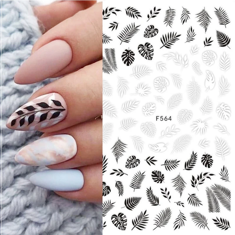3D наклейка s лазерные простые линии черные белые золотые листья для ногтей
