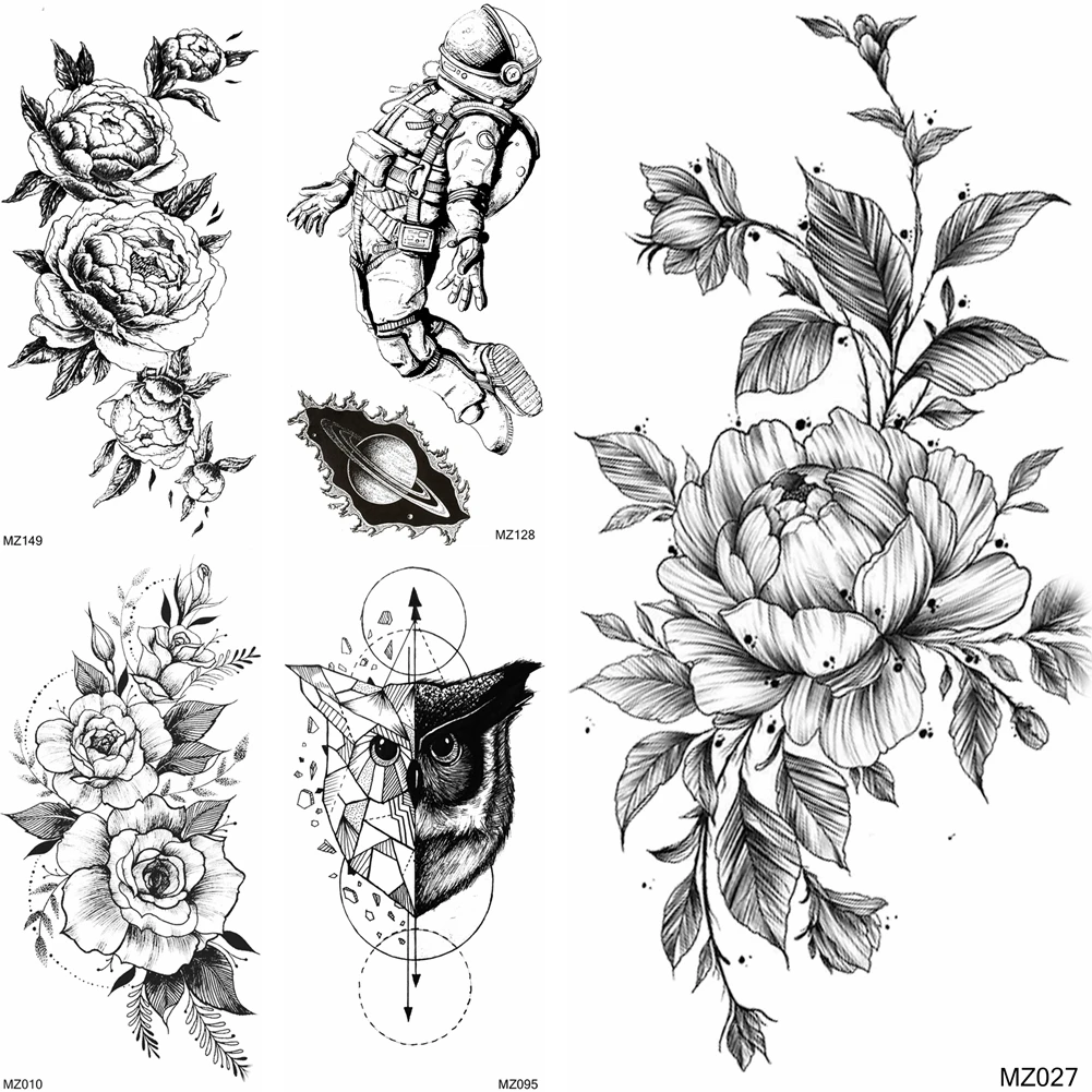 

Black Flower Temporary Tatoos Pencil Sketch Beautiful Rose Fake Astronaut Planets Tatoo For Women Men Body Art Waterproof Tatoo