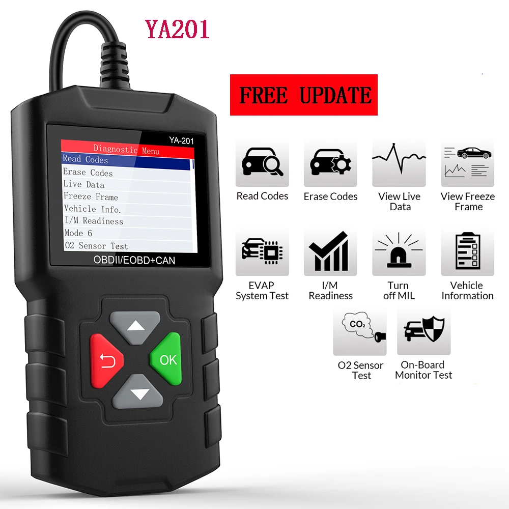 Диагностический сканер YA201 OBD2 Автомобильный для считывания кодов неисправностей