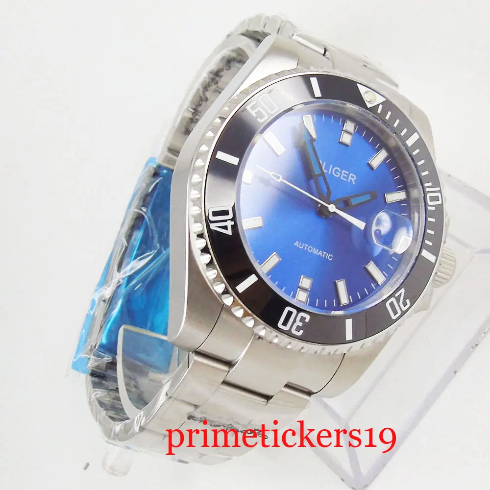 Черный керамический ободок 43 мм bliger синий циферблат Дата сапфировое стекло