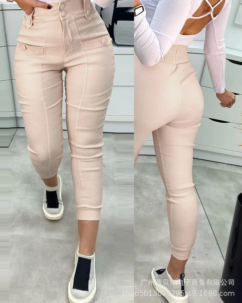 

Women Pants Ankle Length New Light Pink High Waist Belt Loop Casual Trousers Button Pockets Pencil Pants