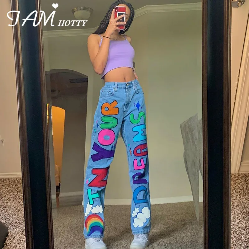 Женские мешковатые джинсы с принтом графических букв широкие штаны высокой