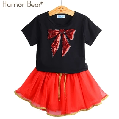Humor bear/комплекты одежды для девочек Новая летняя Модная стильная футболка со звездами и блестками+ платье комплекты одежды для девочек из 2 предметов детская одежда