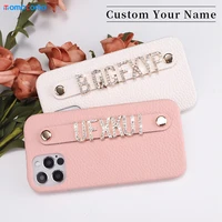 pebble leather custom name cowhide phone case for iphone 13 12 11 pro mini max x xr xs 7 8plus diamond metal letters cover coque