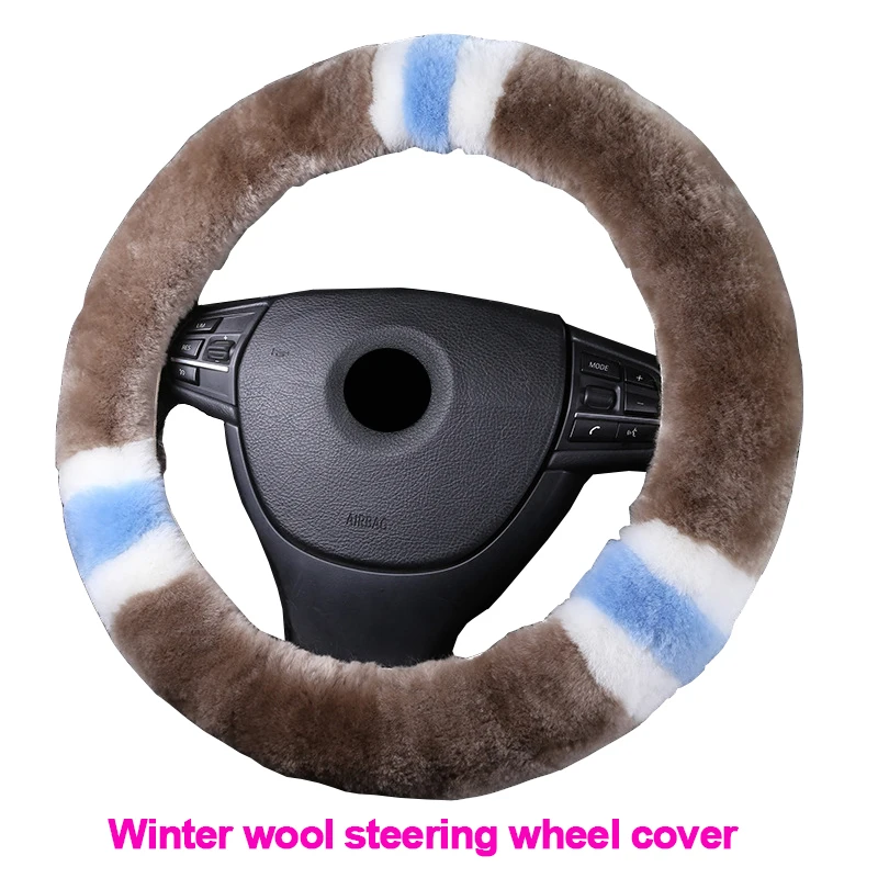 Wool True Leather Car Steering Wheel Cover Fit For 36-42 CM 14.2"-16.5" Braid on Steering-Wheel Auto Carpet Winter Warm Soft