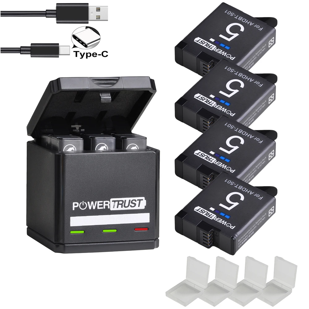 Аккумулятор PowerTrust для GoPro Hero 8 7 6 hero 5 черный аккумулятор + тройное Зарядное