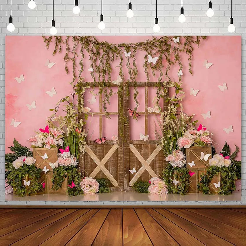 

Фон для фотосъемки с изображением розовых цветов бабочек зеленых листьев досок Декор на день рождения для девочек фоны для фотосъемки рекв...