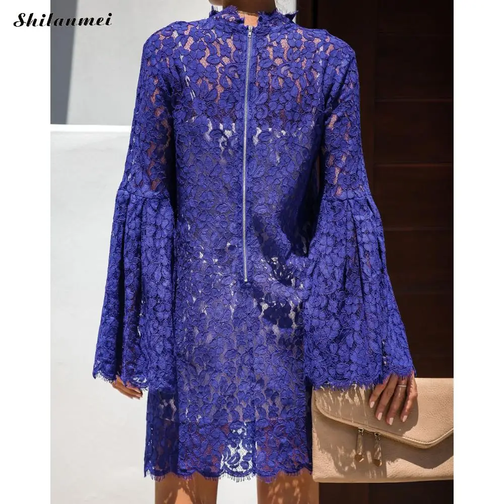 

Flare Sleeve Mini Dress Women Autumn Elegant Turtleneck Lace Dress Hollow Out Sexy Party Dresses Ladies Fashion Office Dress