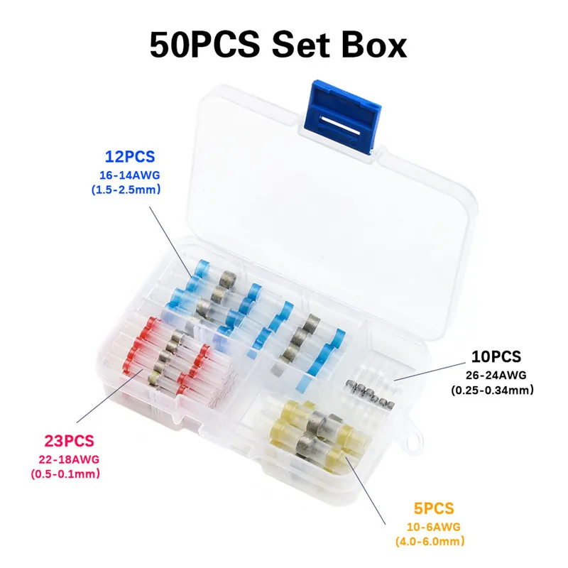 50pcs with box 100/50 шт в коробке Водонепроницаемый терм усадочная Sordering терминалы комплект припоя рукав трубки изоляцией электрические соединители проводов комплект - Цвет: 50pcs with box