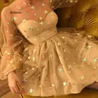 Женское кружевное платье, из тюля, с рукавами-фонариками, с блестящими звездами