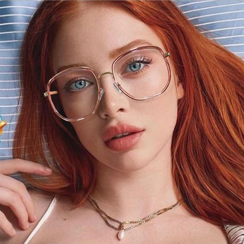 

Big Round Women's Glasses Frame Fashion Pink Classic Metal Blue Anti Light Glasses Female Vintage Transparent Spectacles