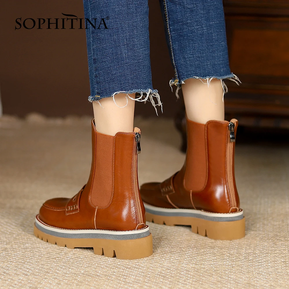 

SOPHITINA Chelsea Women's Boots Thick-soled Round Toe Genuine Leather Shoes Commuter Pure Color Slip-On Sewing Ankle Boots HO448