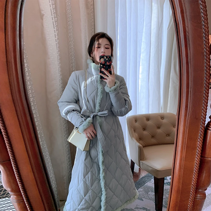 

Pink bead lace lace belt waist girdle Plaid medium length down jacket for women 2021 Plus large size High Top Quality